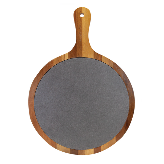 Round Acacia Wood/Slate Serving Board with Handle